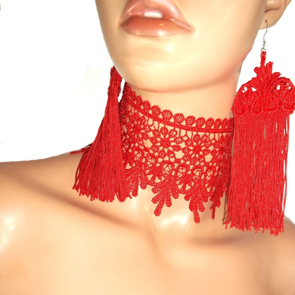 Red Jewelry Set, Red Lace Tassel Jewelry Set, Red Choker And Tassel Earrings